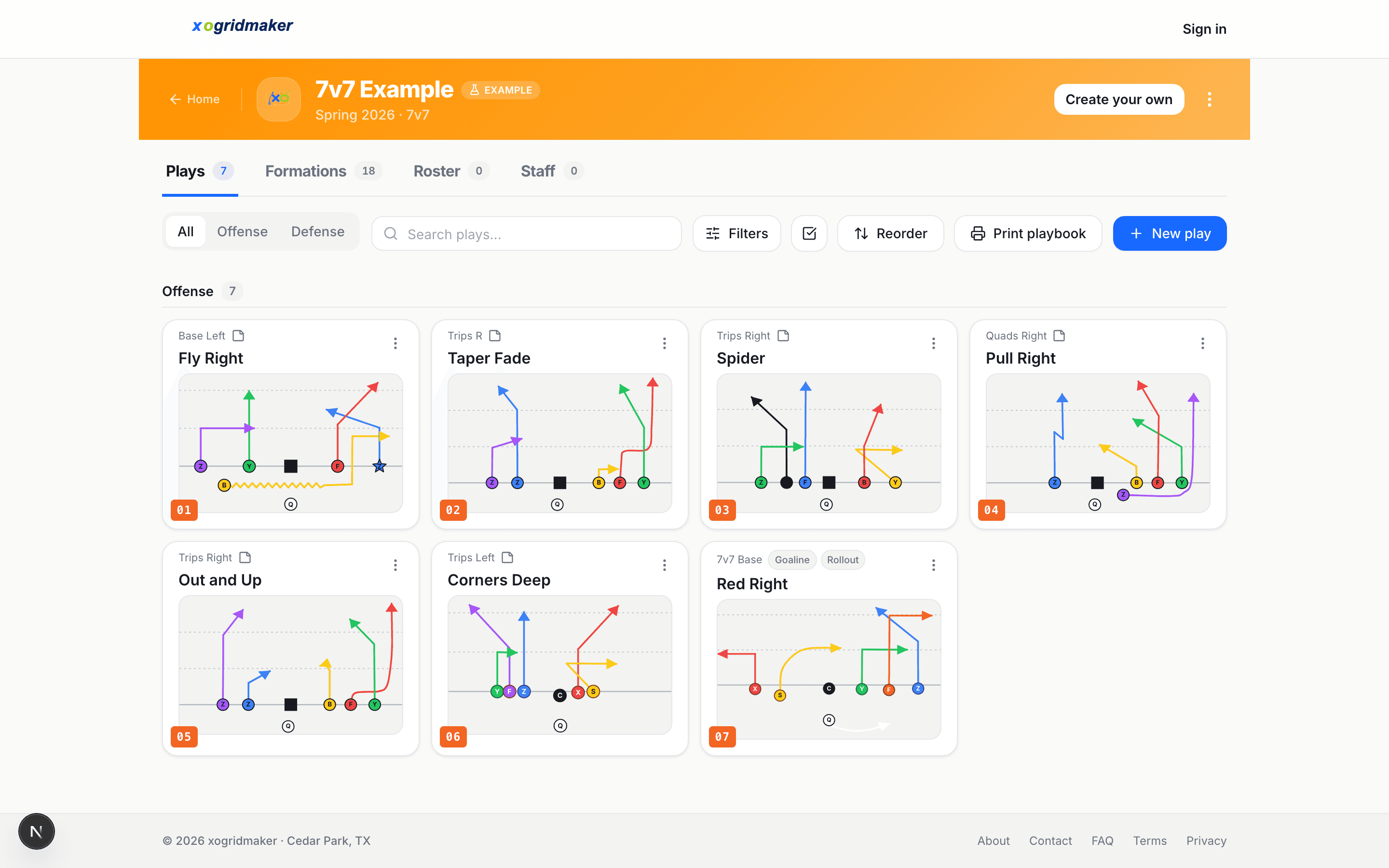 A 7v7 playbook open in XO Gridmaker — seven offensive plays as cards with route diagrams, plus Formations, Roster, and Staff tabs.