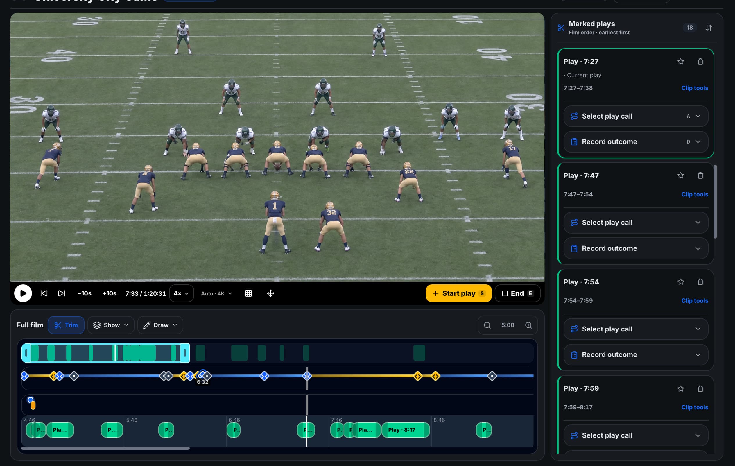 XO Gridmaker Film Room showing 11-on-11 game film, marked plays, and the full-game timeline.