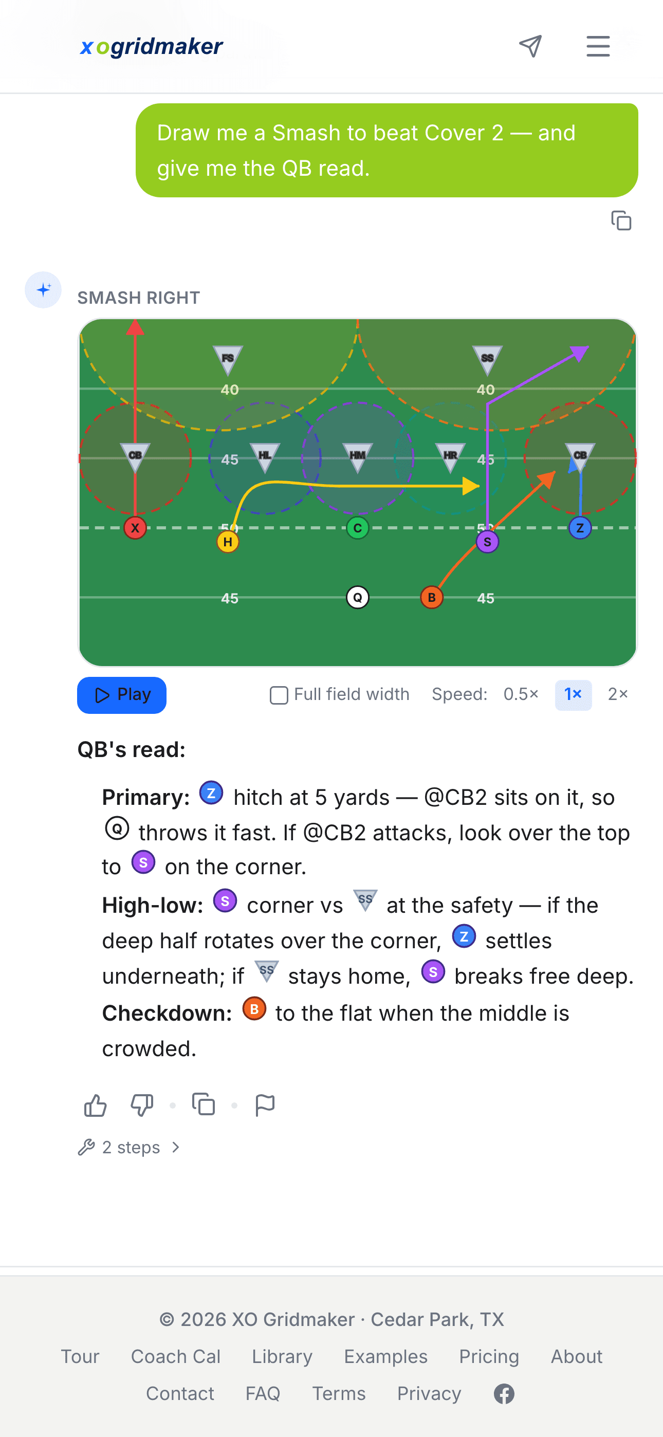 Coach Cal in the app: asked to draw a Smash against Cover 2, it returns the play diagram with routes and defenders, then writes the QB's primary, high-low, and checkdown reads.